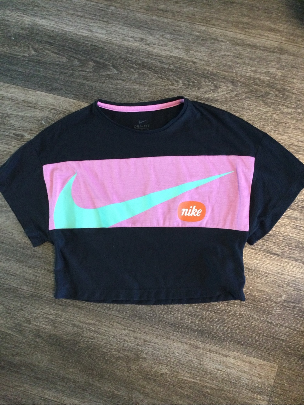 Nike Womens Black Crop Top with Pink Panel and Teal Swoosh